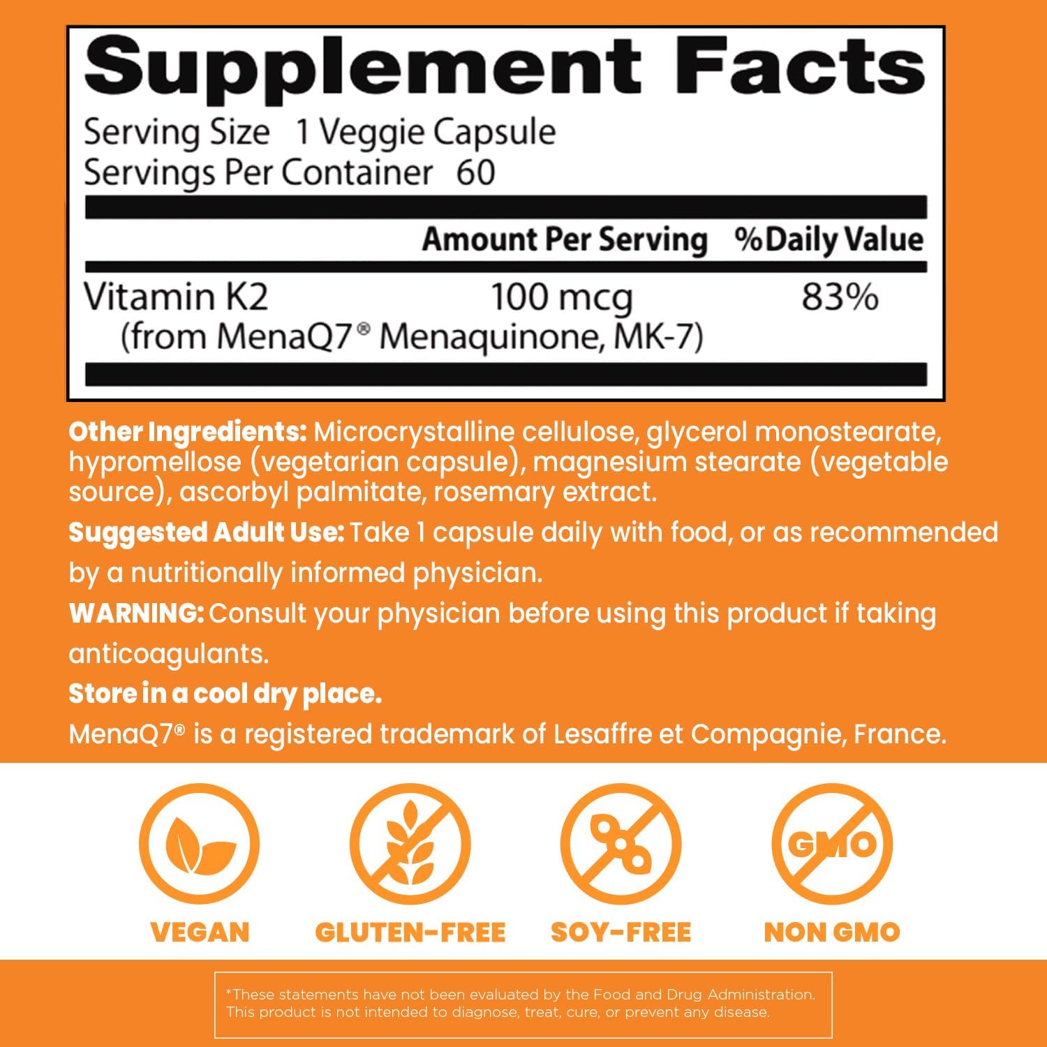 Vitamina K2 MK - 7 MenaQ7 pentru Oase, Artere si Metabolismul Calciului - Doctor's Best - 100 mcg - 60 Capsule - Protein4Life