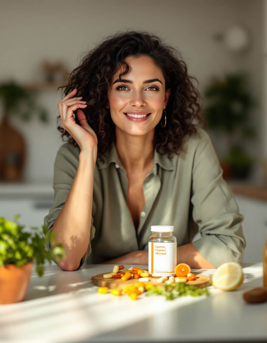 Femeie așezată la masă cu un flacon de suplimente vitamine, minerale și fructe într-un decor de bucătărie