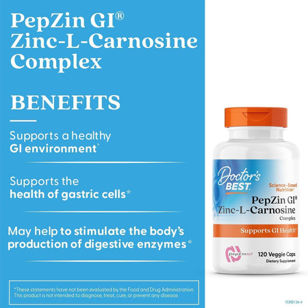 Zinc Carnosina PepZin GI (Zinc L-Carnosine Complex) pentru Confort Gastric - Doctor's Best - 120 capsule - Protein4Life