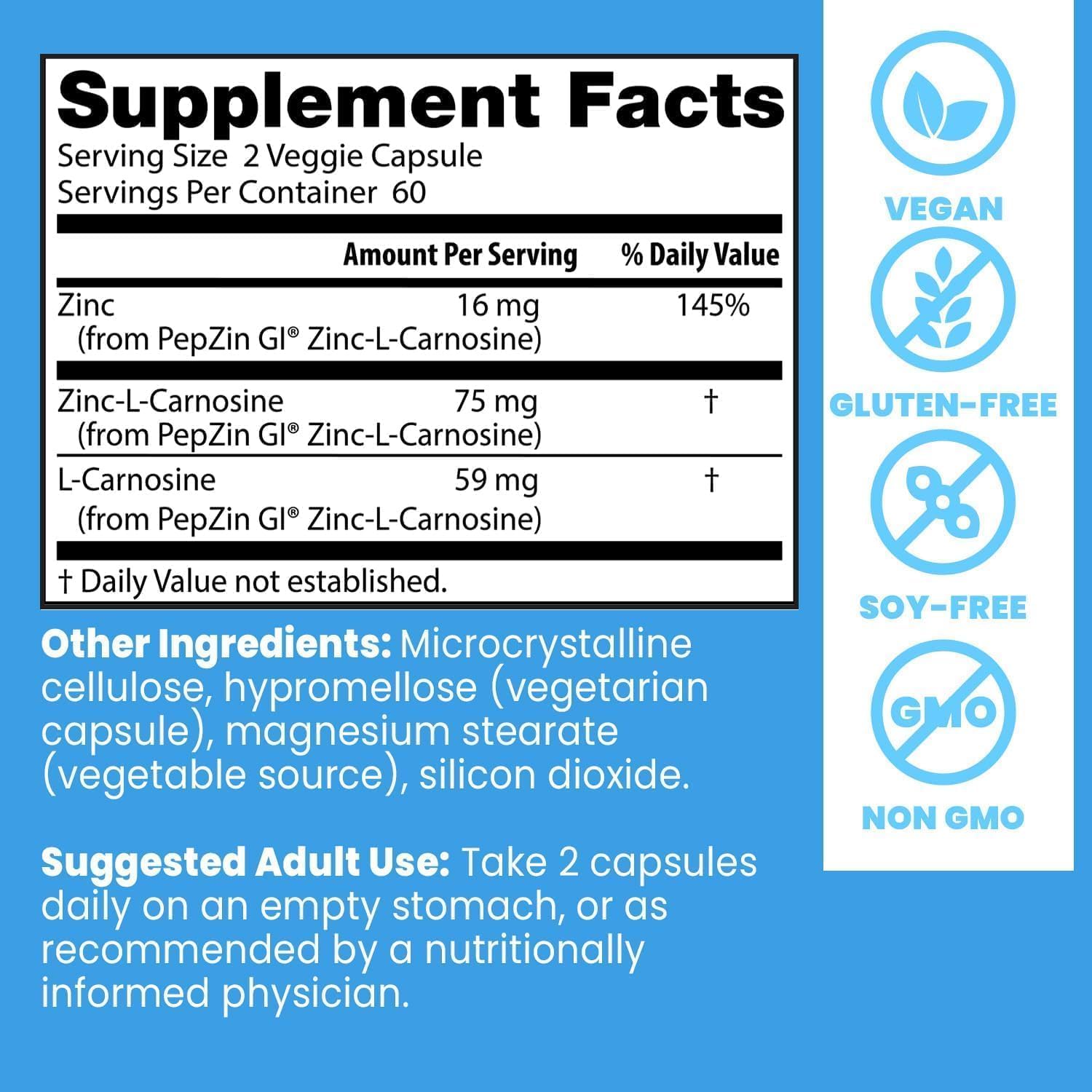 Zinc Carnosina PepZin GI (Zinc L-Carnosine Complex) pentru Confort Gastric - Doctor's Best - 120 capsule - Protein4Life
