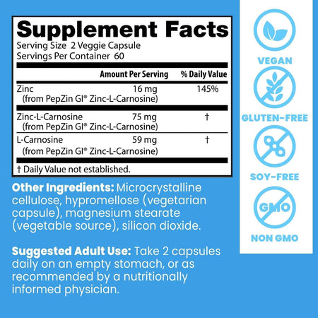 Zinc Carnosina PepZin GI (Zinc L-Carnosine Complex) pentru Confort Gastric - Doctor's Best - 120 capsule - Protein4Life
