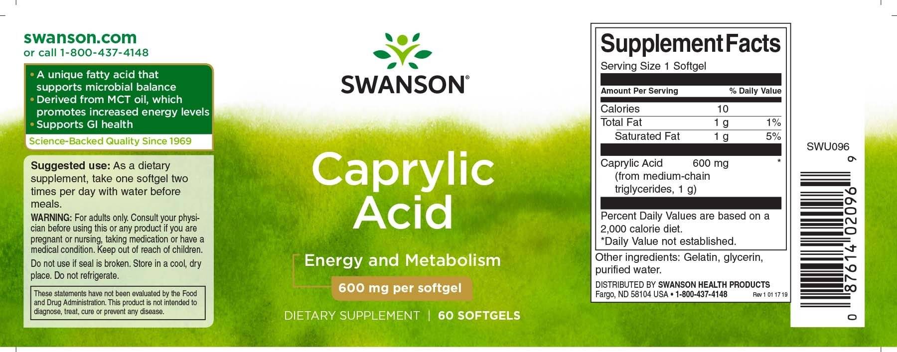 Acid Caprilic, C8 MCT din Ulei de Cocos, 60 capsule, Swanson