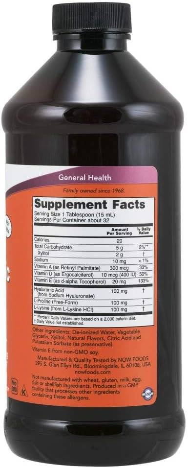 Acid Hialuronic Lichid, Indulcit cu Xilitol, Fara Zahar, Formula Avansata cu Vitaminele A, D, E, Prolina si Lizina, 473 ml, Now Foods