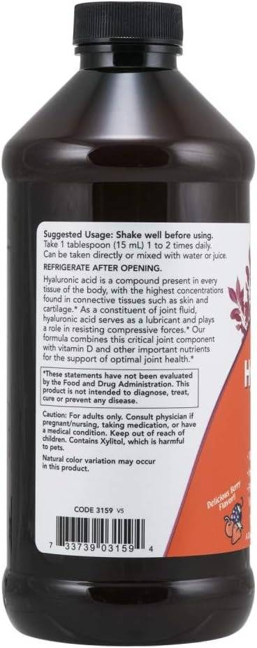 Acid Hialuronic Lichid, Indulcit cu Xilitol, Fara Zahar, Formula Avansata cu Vitaminele A, D, E, Prolina si Lizina, 473 ml, Now Foods