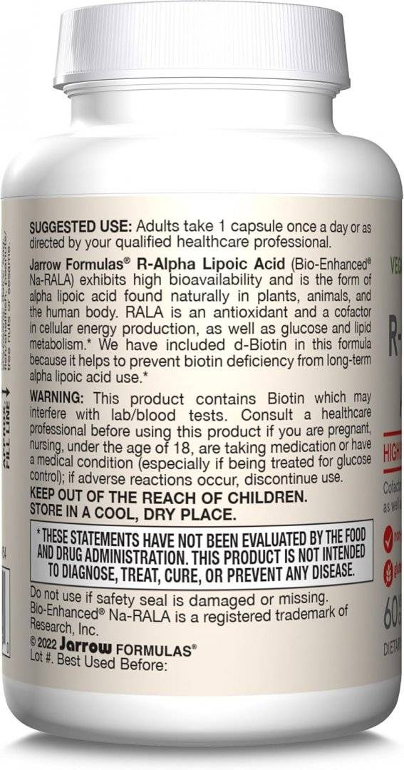 Acid R Alfa Lipoic 100 mg cu Biotina, 60 capsule, Jarrow Formulas