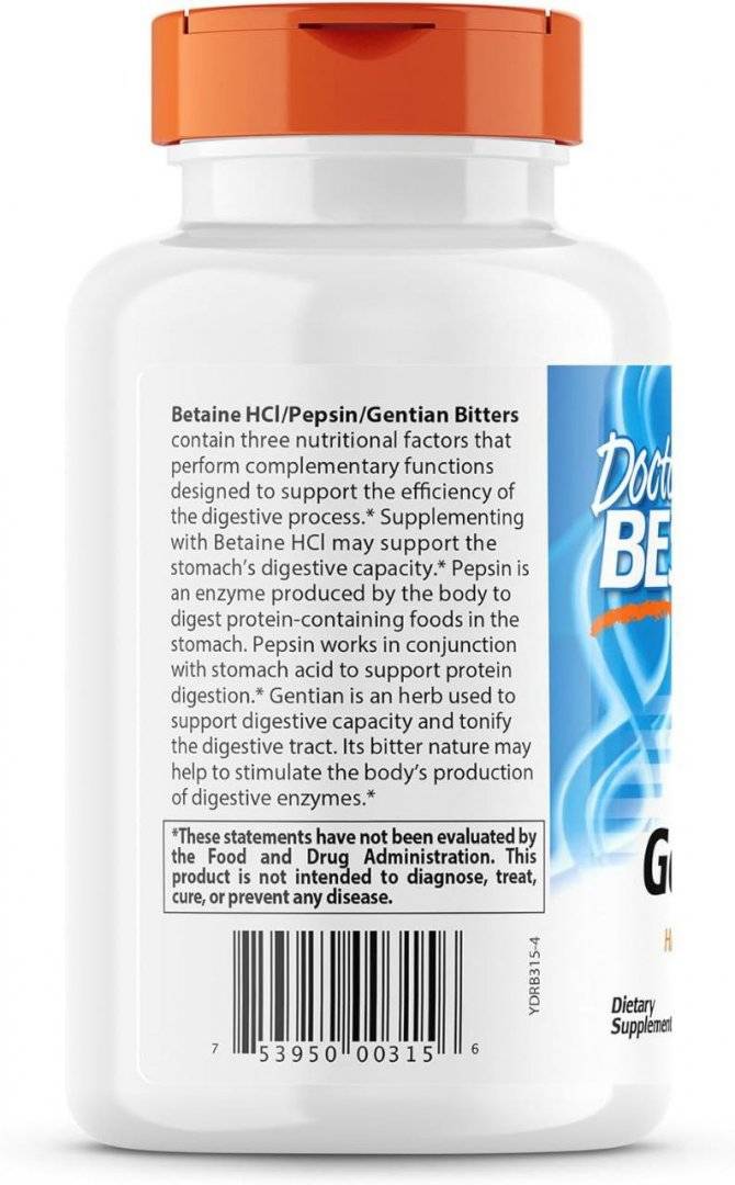 Betaina HCL Pepsina si Gentian Bitters, 360 capsule, Doctor's Best