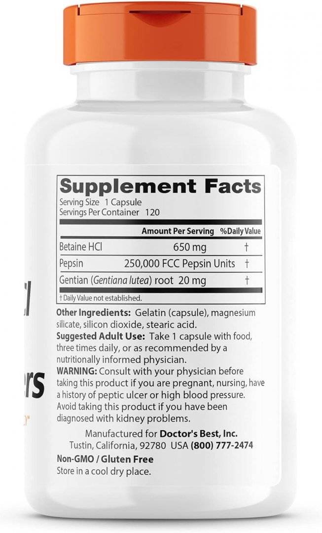 Betaina HCL Pepsina si Gentian Bitters, 120 capsule, Doctor's Best