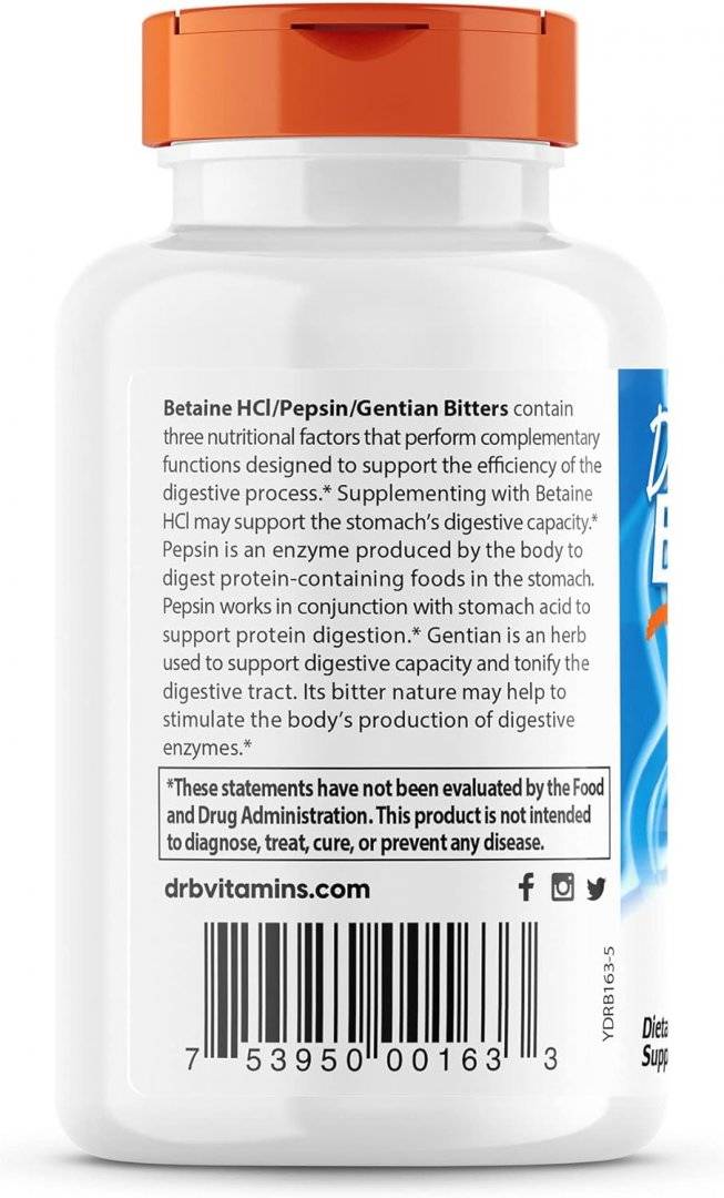 Betaina HCL Pepsina si Gentian Bitters, 120 capsule, Doctor's Best