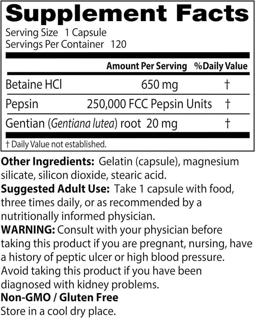 Betaina HCL Pepsina si Gentian Bitters, 120 capsule, Doctor's Best