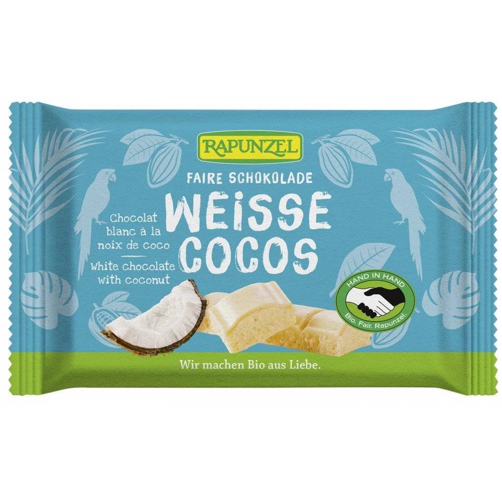 Ciocolata alba cu bucatele de cocos bio Rapunzel, 100g