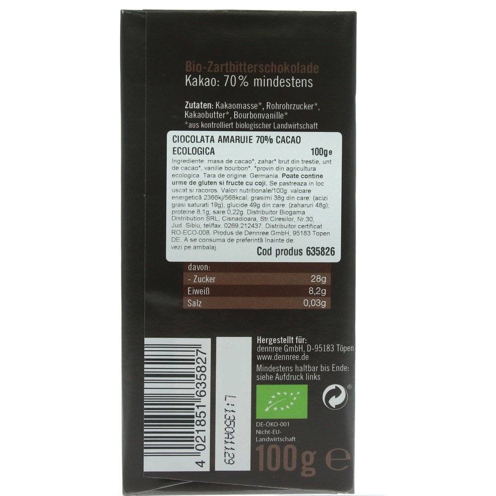 Ciocolata amaruie 70% cacao bio Dennree, 100g