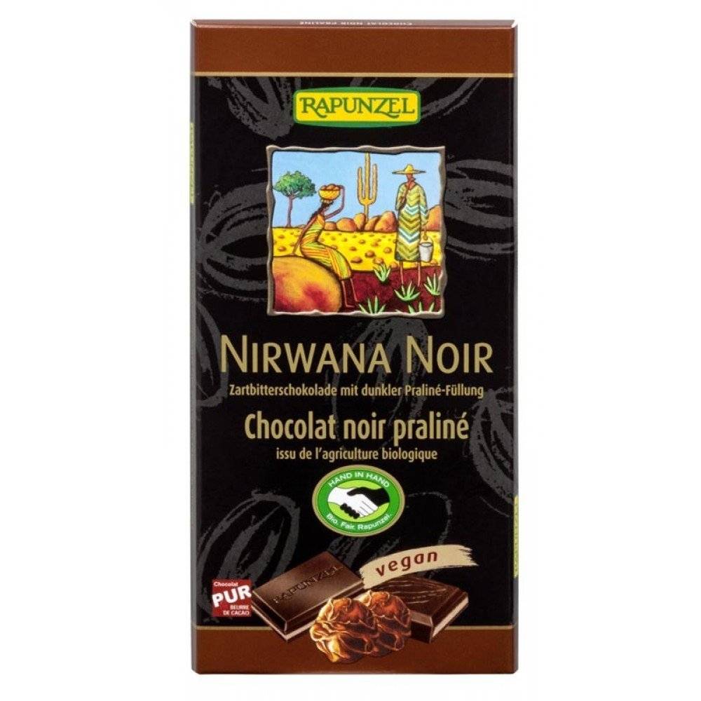 Ciocolata Nirwana neagra cu praline 55% cacao, vegana bio Rapunzel, 100g