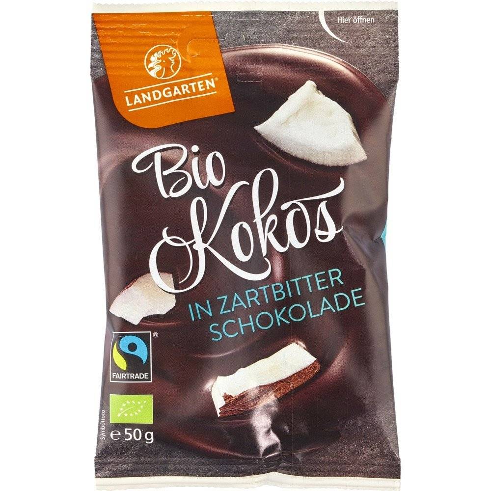 Cocos invelit in ciocolata amaruie, fara gluten bio Landgarten, 50g