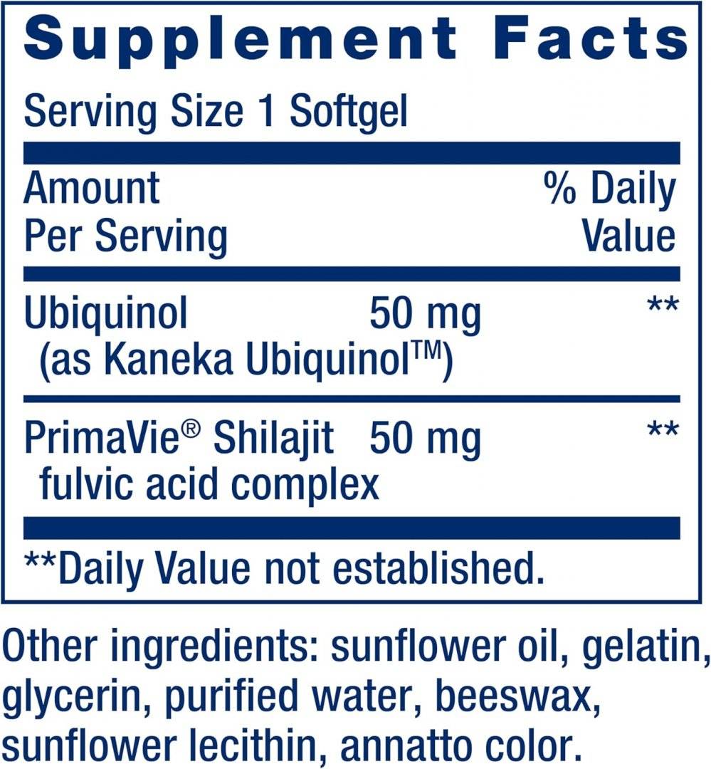 Coenzima Q10 Ubiquinol plus Shilajit Suport Mitocondrial, 50 mg 100 capsule, Life Extension