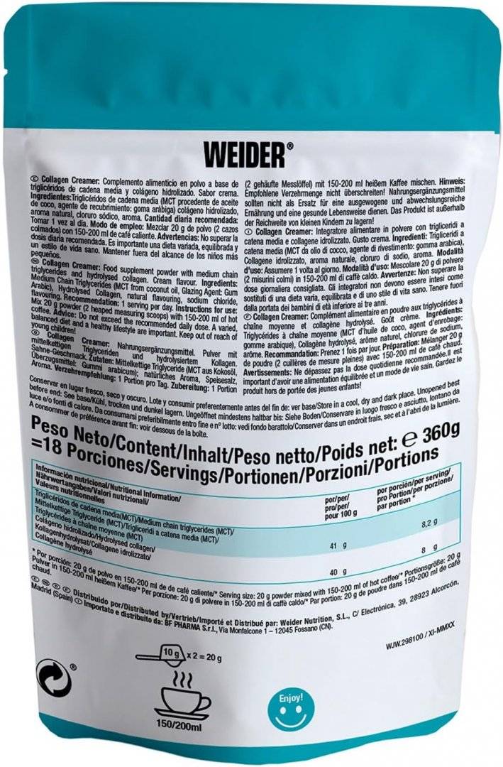 Colagen Creamer cu MCT pentru Cafea, de la Vite Crescute pe Pasuni, 360 grame, Weider