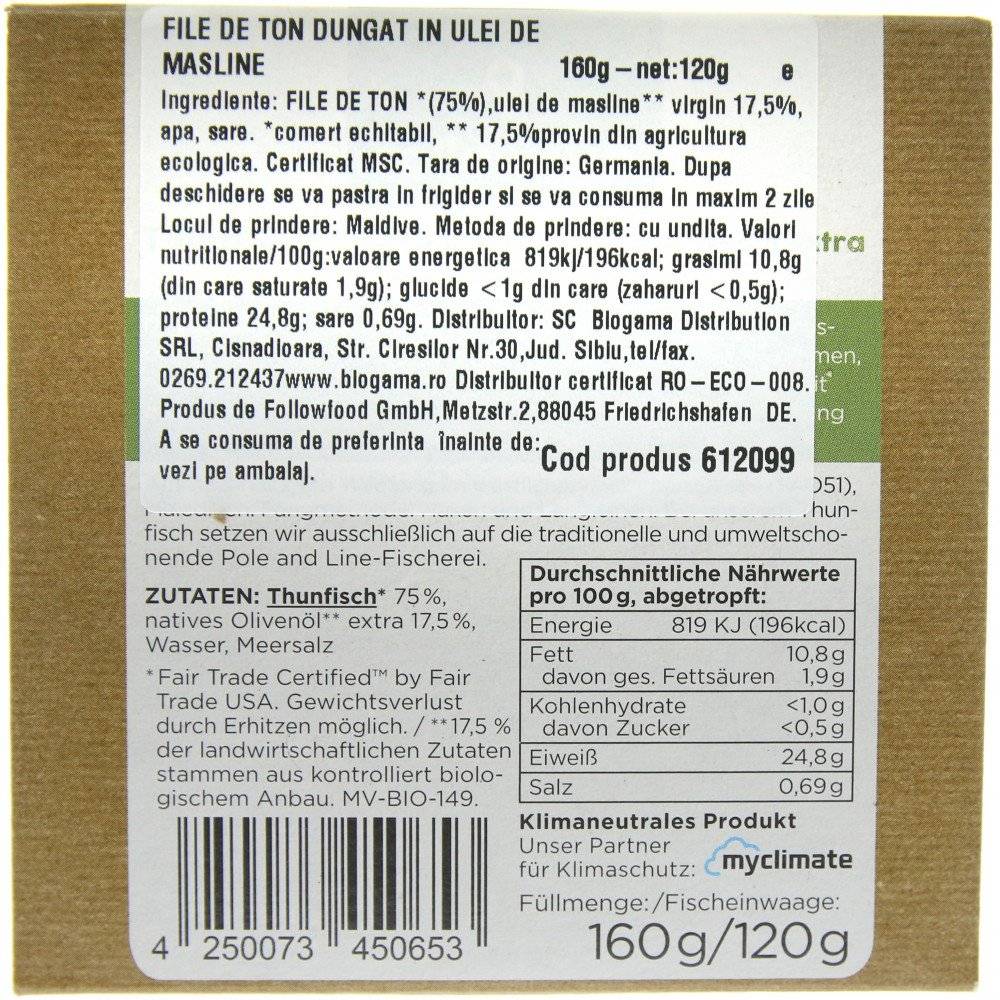 File de ton dungat in ulei de masline bio Followfish, 160g