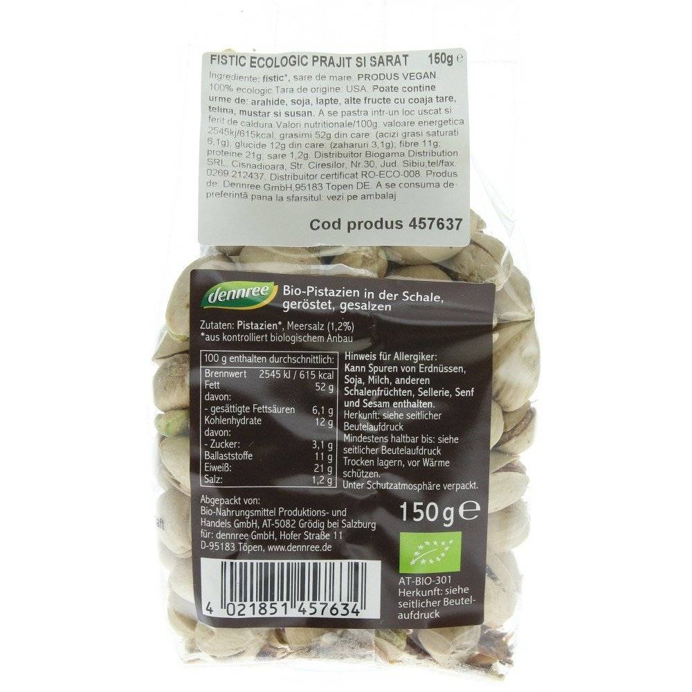 Fistic prajit si sarat bio Dennree, 150g