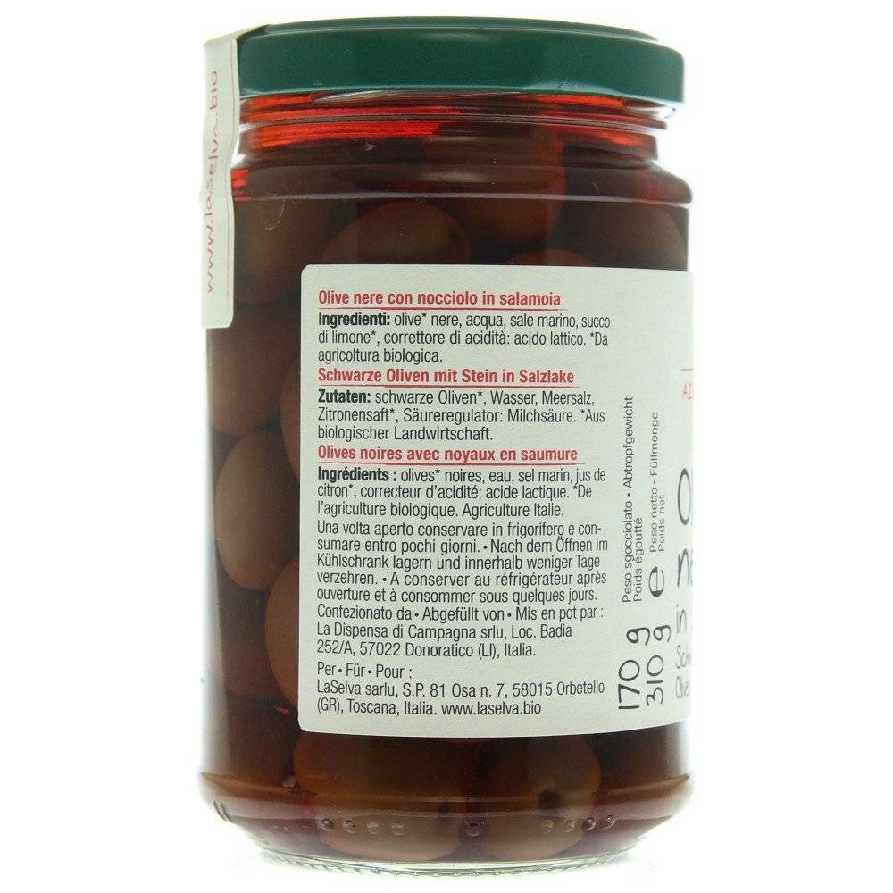 Masline negre cu samburi in saramura bio LaSelva, 310g