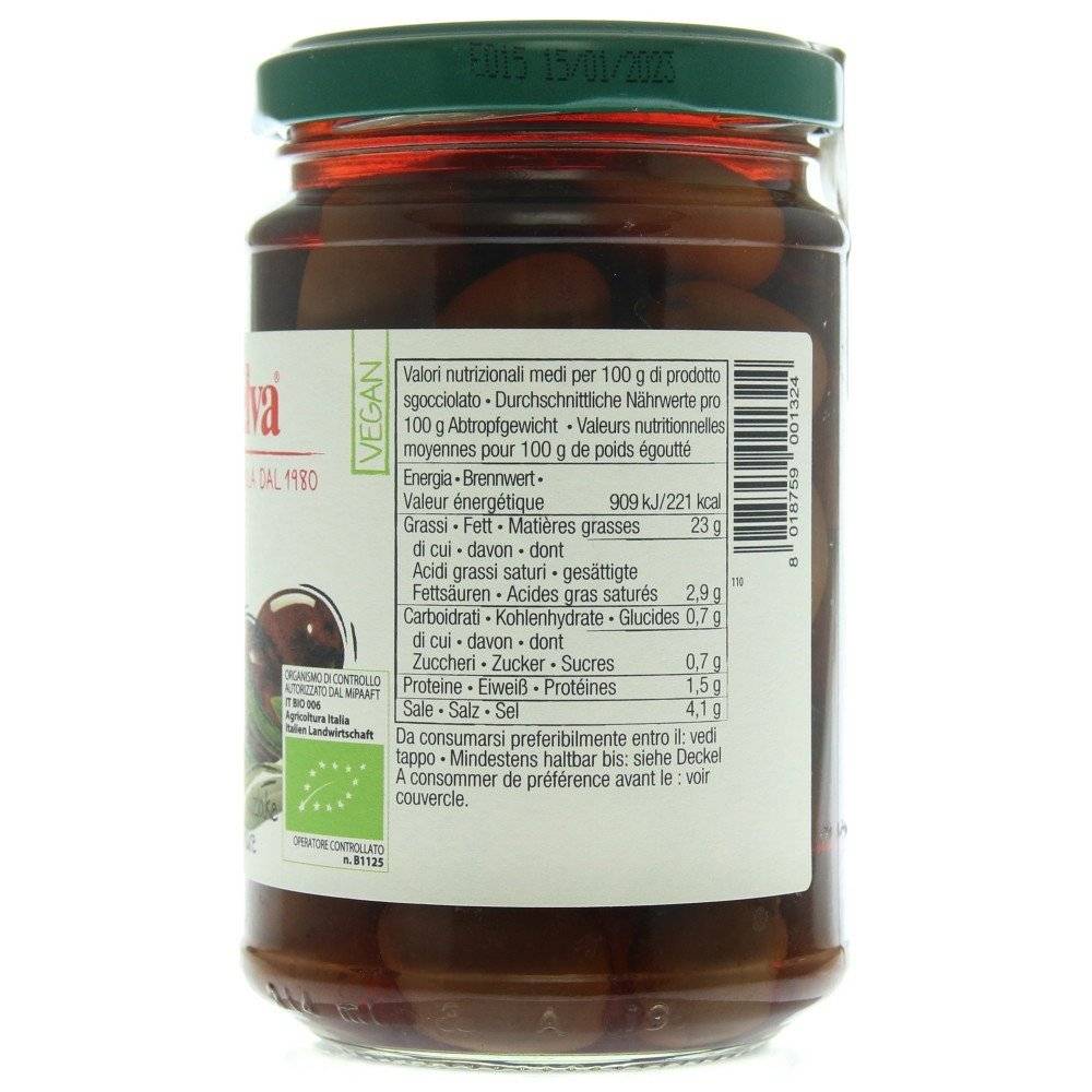 Masline negre cu samburi in saramura bio LaSelva, 310g