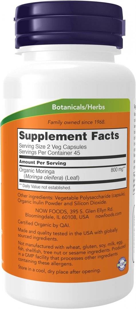 Moringa Leaf Organic, 800 mg portie, 90 capsule, Now Foods