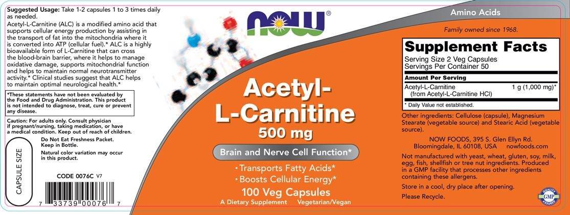 Carnitina NOW Foods Acetil L Carnitine, 500mg, 100 capsule, Now Foods