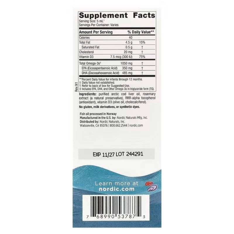 Omega 3 cu Vitamina D3 pentru Copii, Baby's DHA Fish Oil, 1050 mg, 60 ml, Nordic Naturals