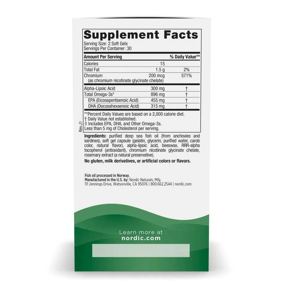 Omega 3 Suport pentru Glicemie cu Crom si Acid Alfa Lipoic, 60 capsule, Nordic Naturals