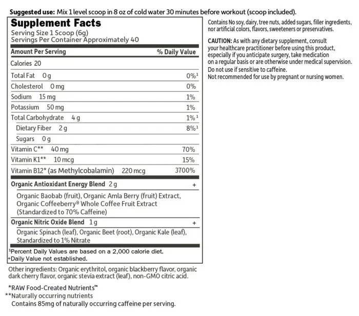 Pre WorkOut Organic Energy + Focus Fara Zahar, Blackberry Cherry, 231g, Garden of Life