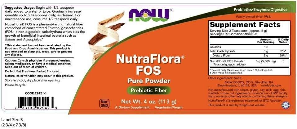 Prebiotic Fructo Oligozaharide, NutraFlora FOS Pudra, 113 grame, Now Foods