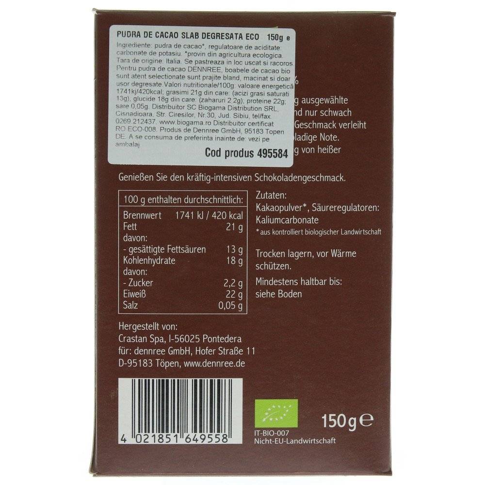 Pudra de cacao slab degresata 20-22% bio Dennree, 150g