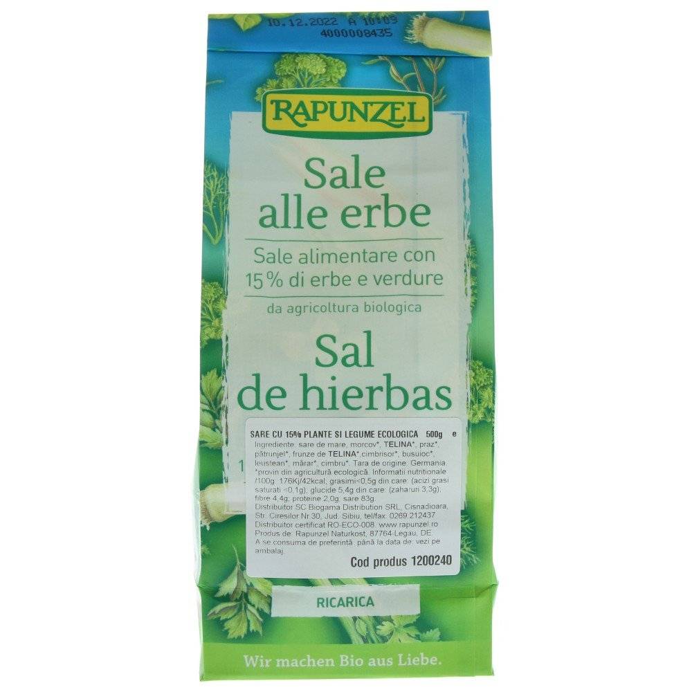 Sare de Mare Neiodata cu 15% Ierburi si Legume BIO, Rapunzel, 500g