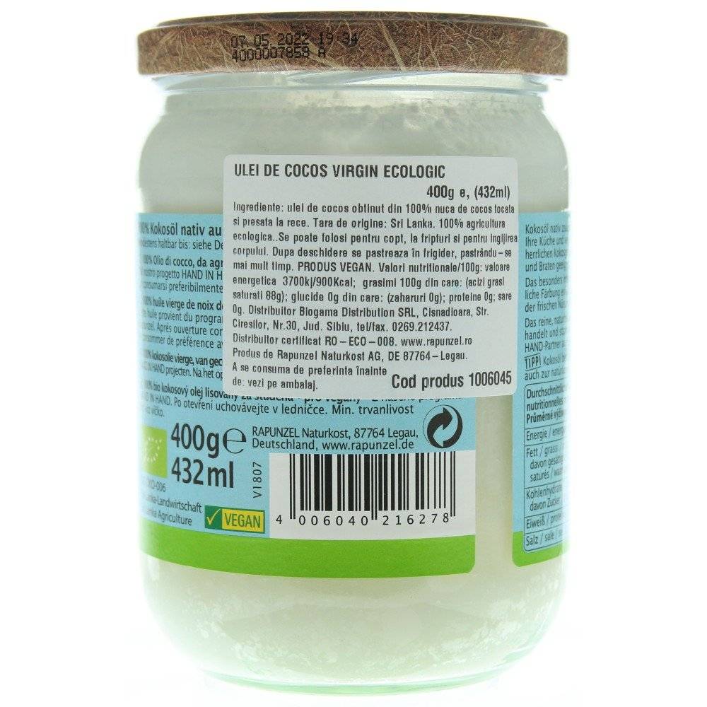 Ulei de cocos virgin bio Rapunzel, 400g