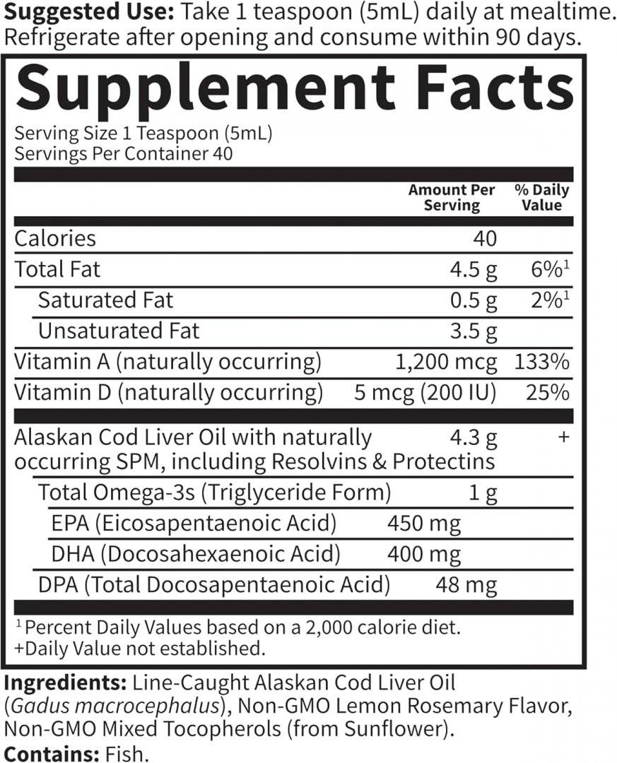 Ulei din Ficat de Cod 1000 mg Omega 3 EPA, DHA, DPA,  Vitamina A+D, 200 ml, Garden of Life