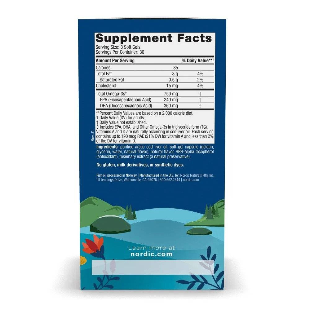 Arctic Cod Liver Oil, Ulei Ficat de Cod Salbatic Arctic, 750 mg Omega 3, Aroma Lamaie, 90 capsule, Nordic Naturals