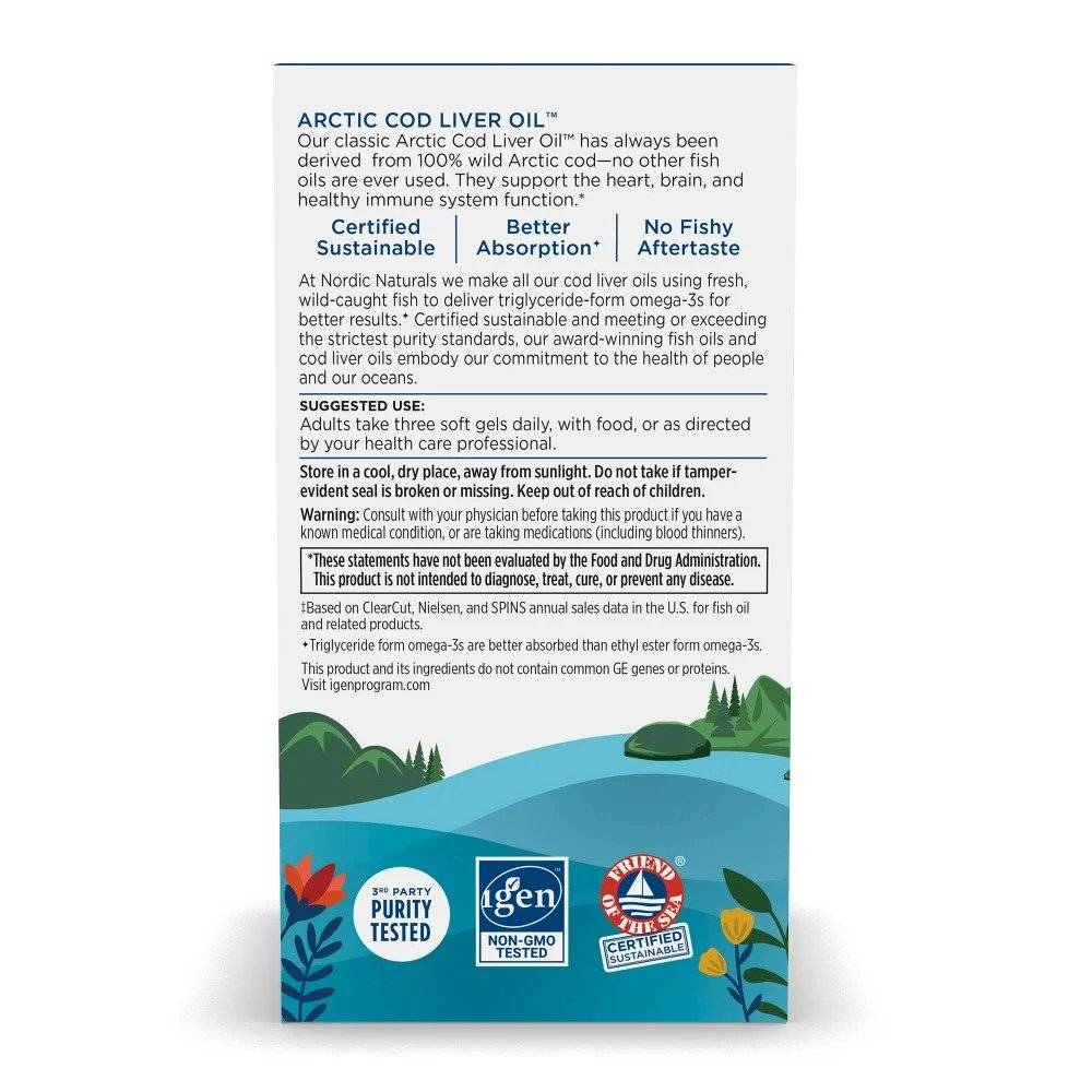 Arctic Cod Liver Oil, Ulei Ficat de Cod Salbatic Arctic, 750 mg Omega 3, Aroma Lamaie, 90 capsule, Nordic Naturals