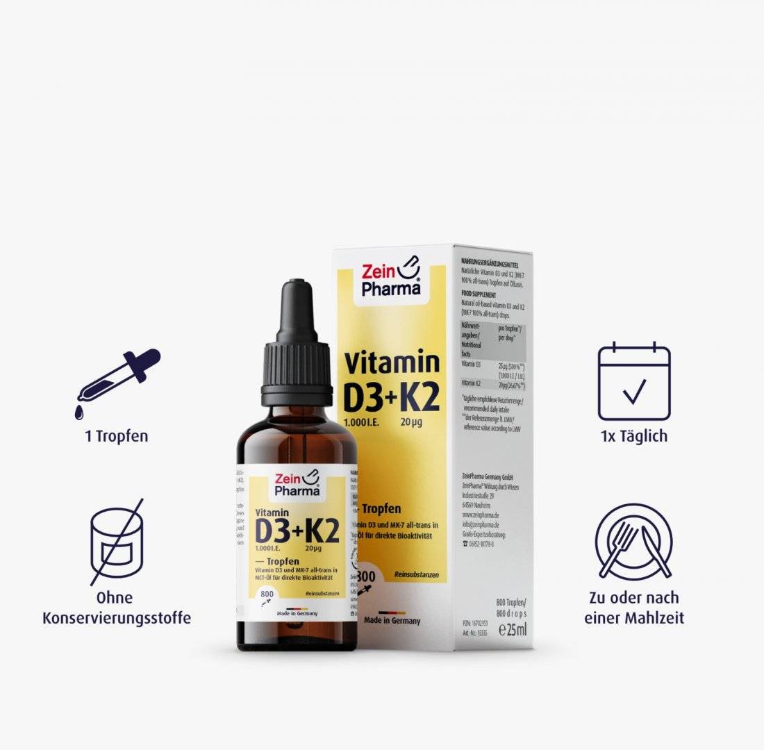 Vitamina D3 + K2 25 ml, 1000 UI picatura, 800 picaturi, Zein Pharma