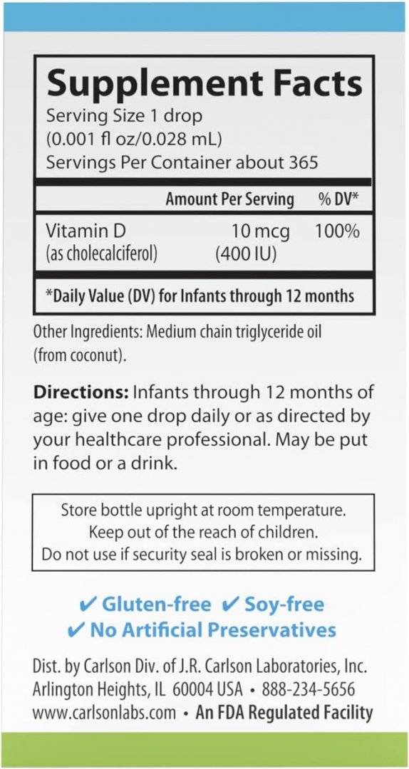 Vitamina D3 pentru Bebelusi, 400 IU, 10 ml, Carlson Labs