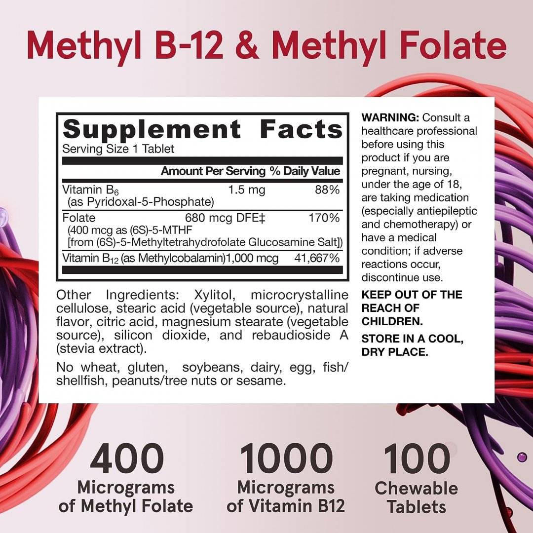 Vitamine Active Metilate B6 B9 B12, 100 caps Masticabile Fara Zahar, Jarrow Formulas