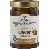 Masline verzi si Kalamata in ulei cu lamaie si oregano bio Mani, 280g